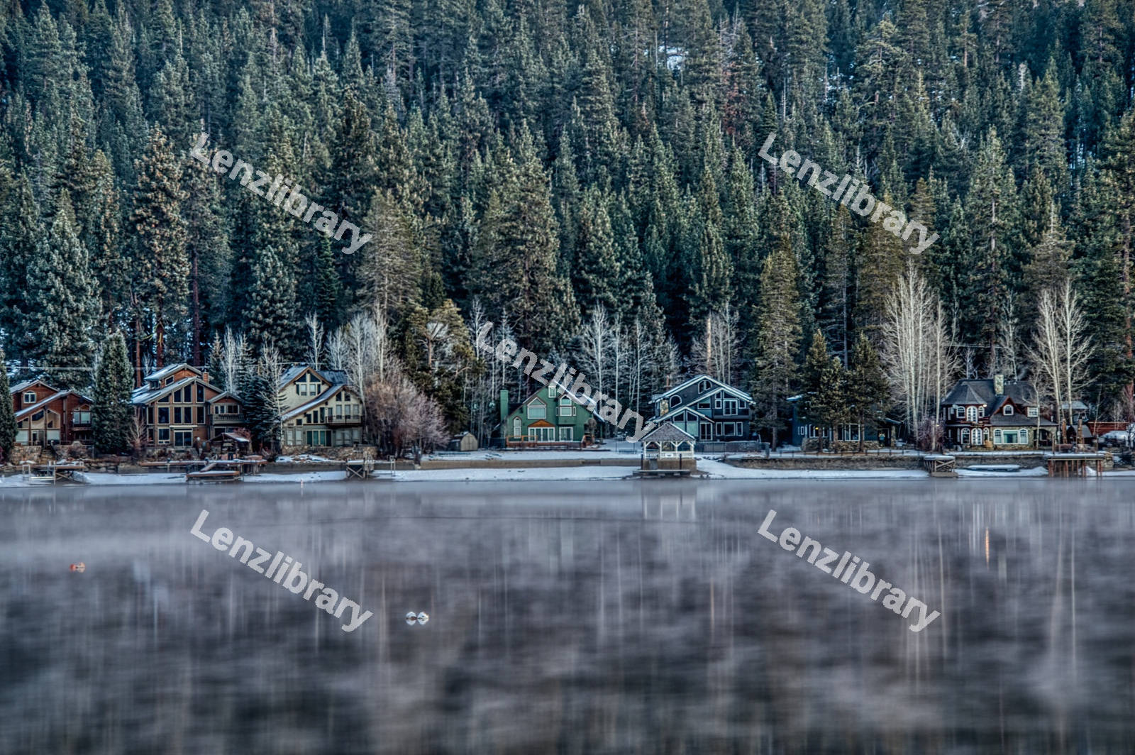 A lake view with houses and trees